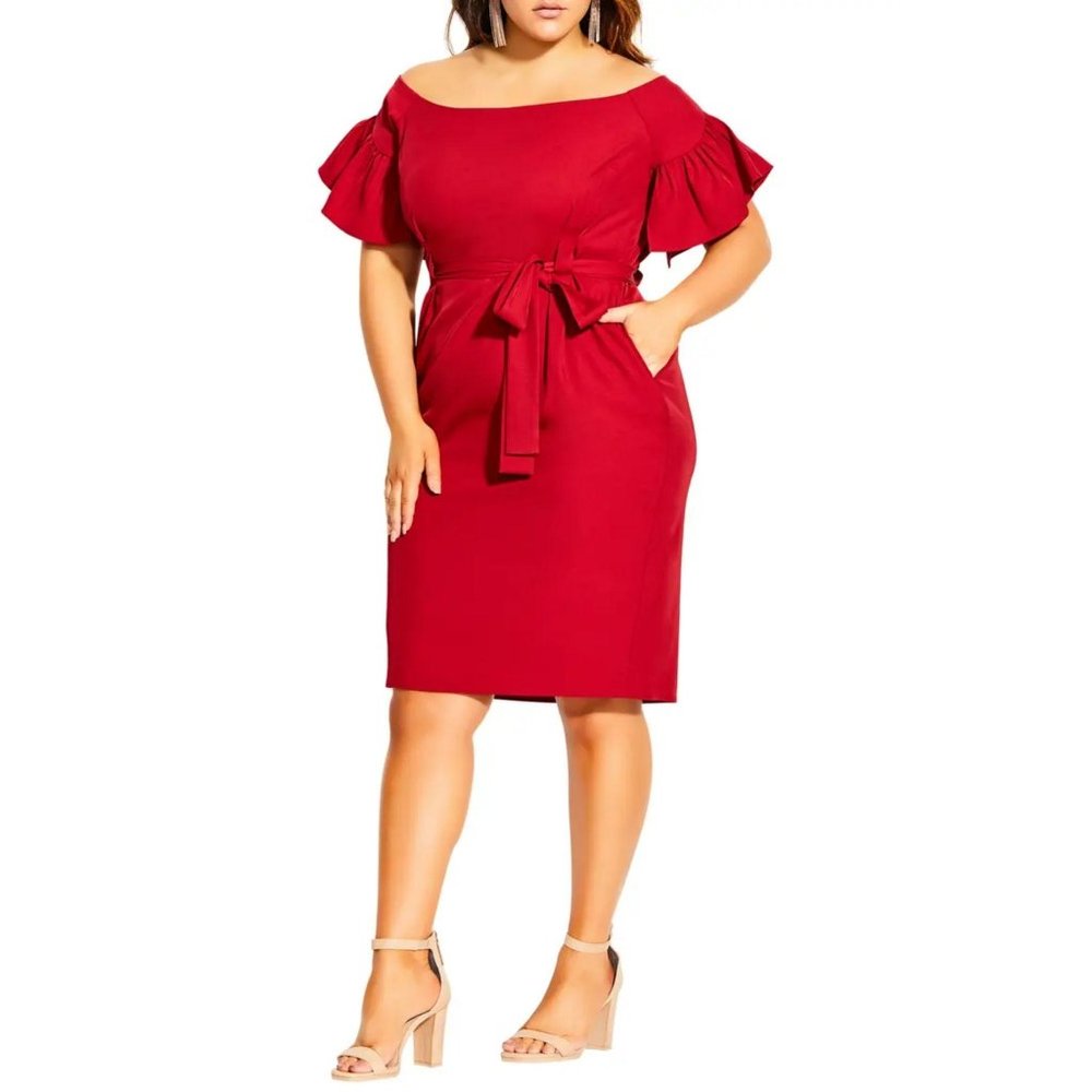 City Chic Red Off-Shoulder Tie-Waist Sheath Dress